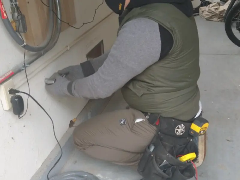Electrician performing outlet wiring in a Bloomington garage